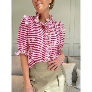 Neo Noir Chacha Graphic Blouse Size 36 Pink Ikat Puff Sleeve Cotton Blend Ruffle